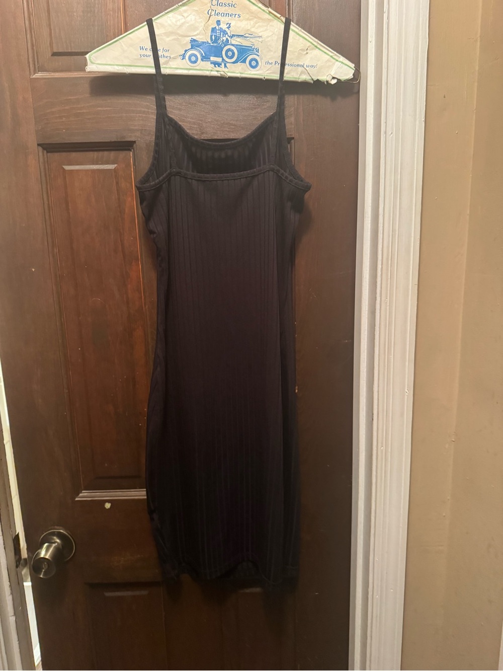 Women’s Small Black Ribbed Slip Dress with Spaghetti Straps